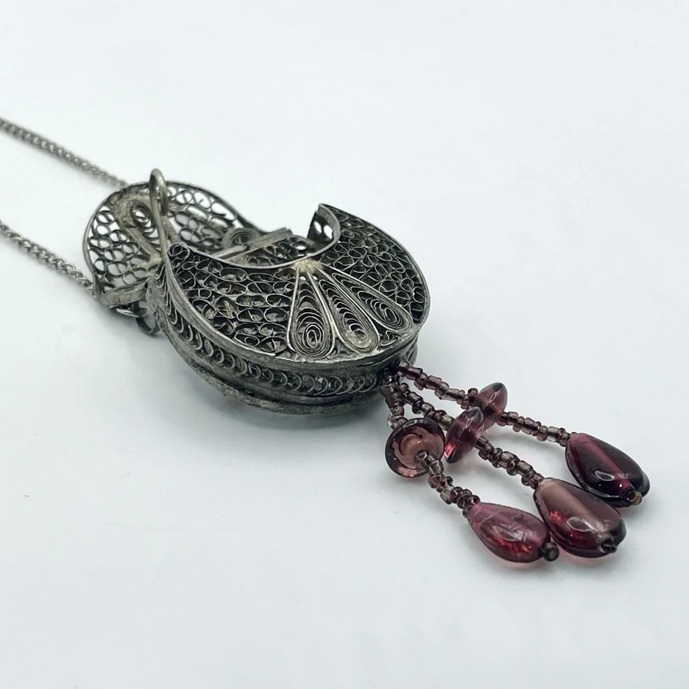 Antique Silver Filigree Purse Pendant Necklace With Amethyst Accents - Picture 8 of 15